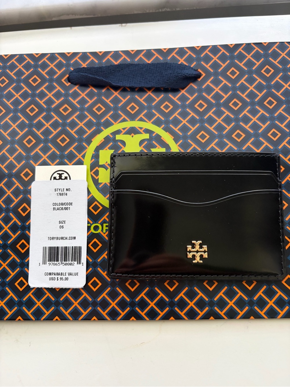 Tory Burch Black Patent Leather Card Holder with Gold Logo